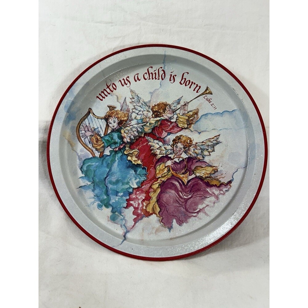 Vintage Christmas Metal Tin Serving Tray 12" Unto Us A Child Is Born Nativity 90 - Picture 5 of 5